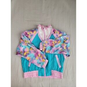 RE Sport Windbreaker Womens M Pink Blue Unicorn Full Zip Lightweight Pockets 90s